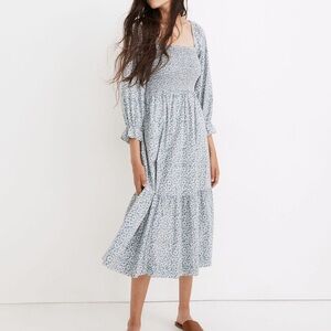 Madewell Lucie Light Blue Floral Smocked Puff Sleeve Midi Dress Sz S